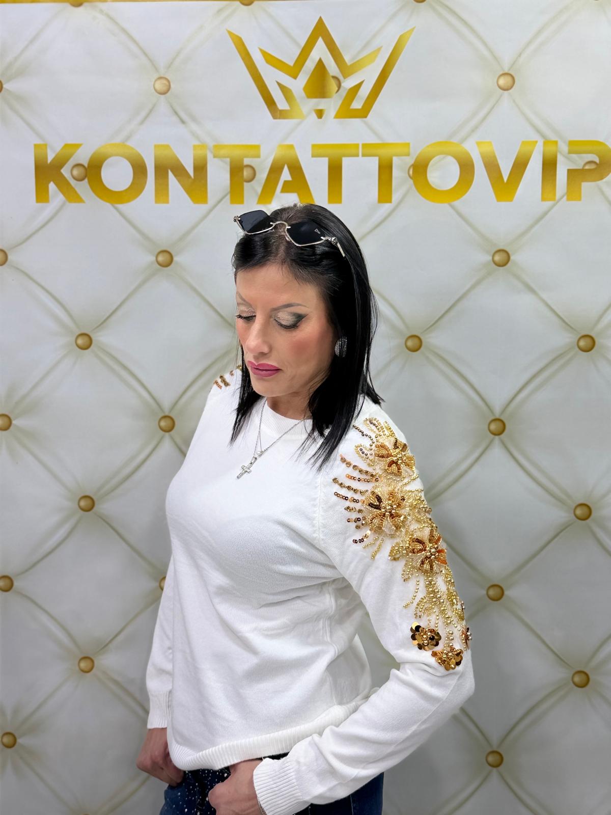 Maglioncino elastico  bianco con ricamo oro