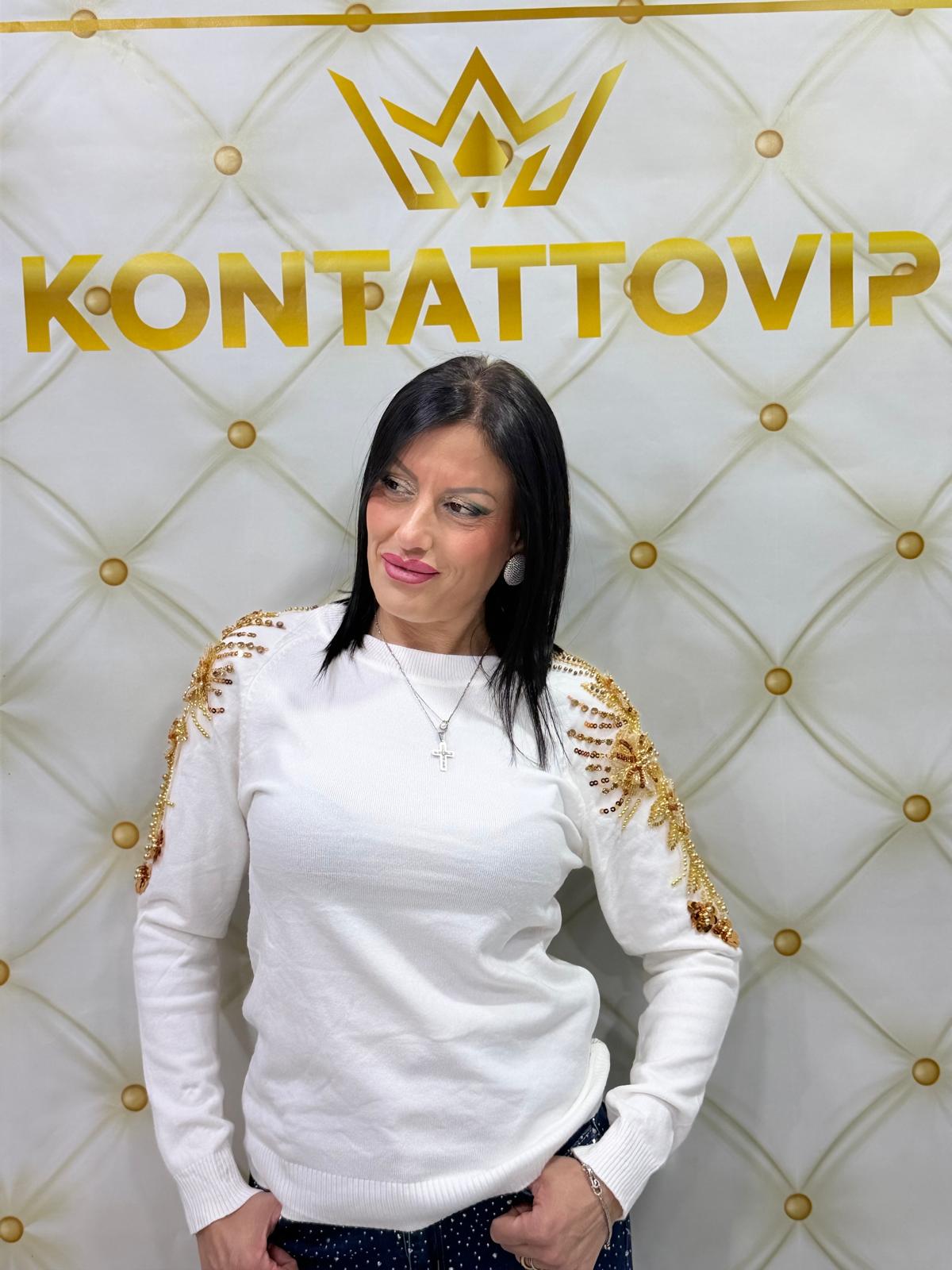 Maglioncino elastico  bianco con ricamo oro